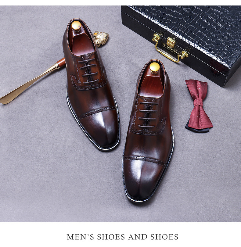 Giày Oxford nam da bò thật buộc dây mũi nhọn chạm khắc — Màu đen, Màu cà phê