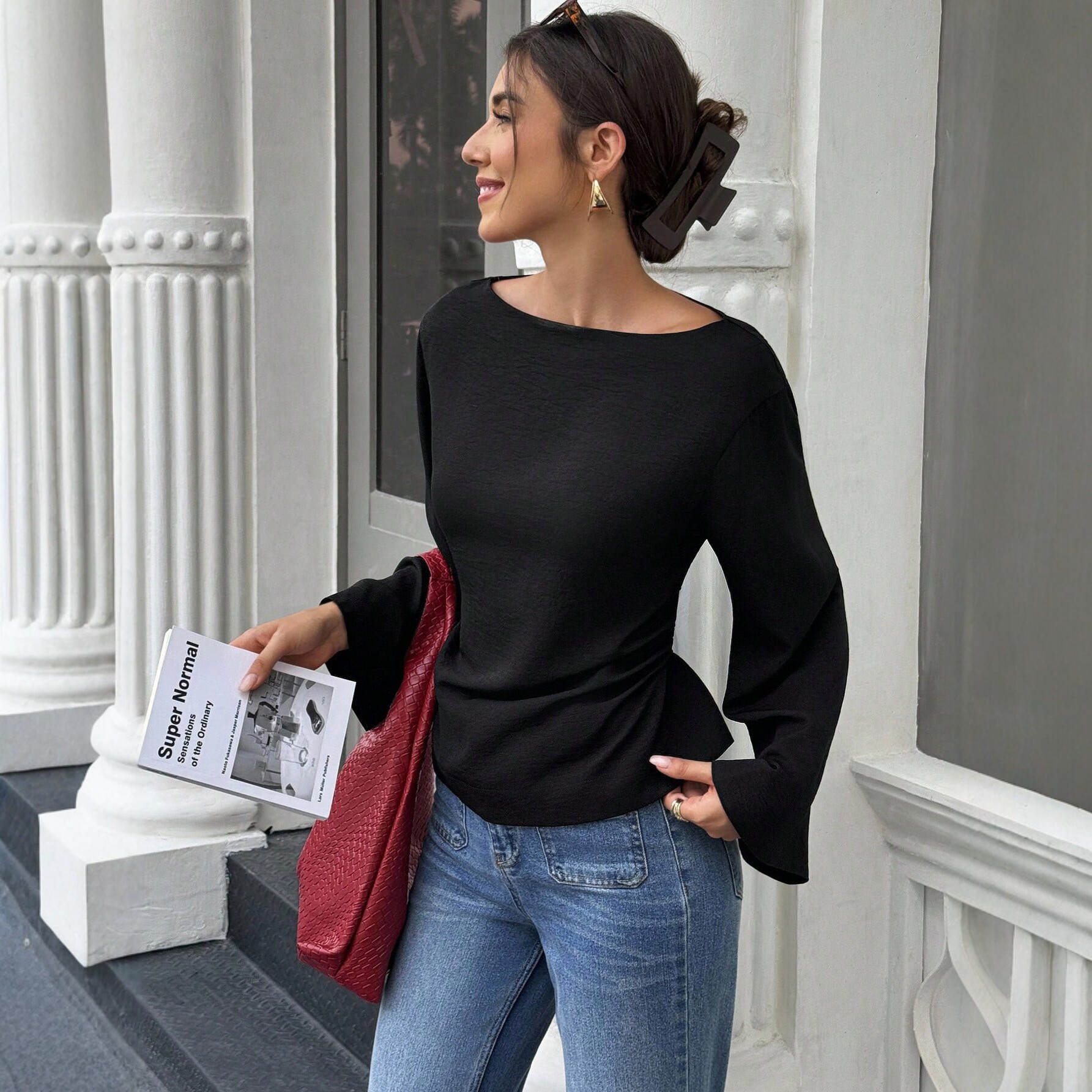 Womens Flared Sleeve T Shirt Back Tie Design Slim Fit Elegant Style Perfect for Casual Outings Wholesale Available