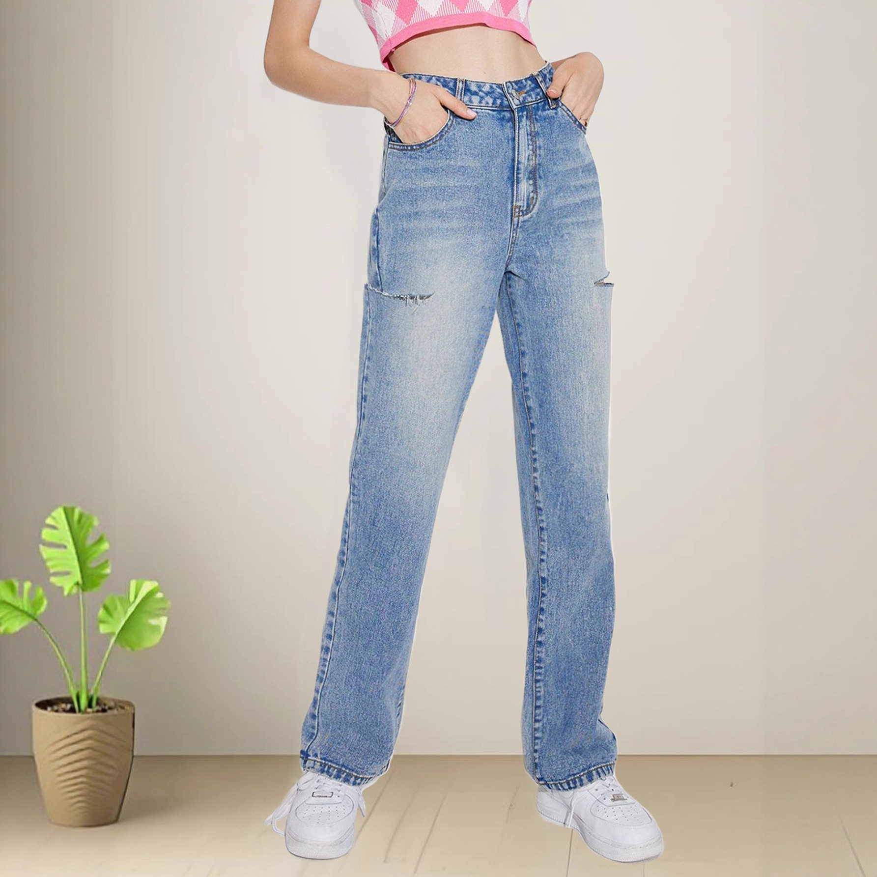 High Waisted Slim Fit Ripped Denim Jeans for Women Casual Style Comfortable Fabric Versatile Wear Wholesale Available