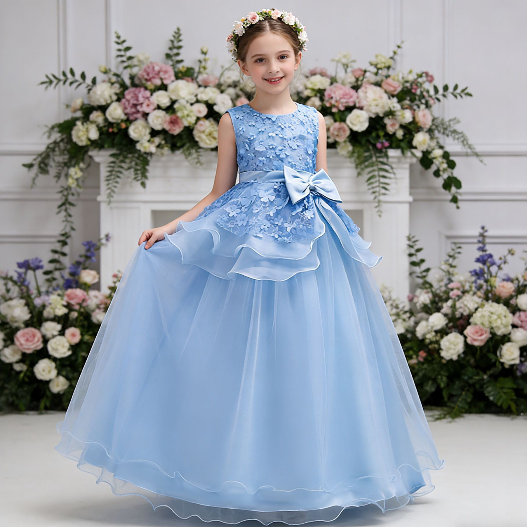 girls' princess dress, children's wedding dress, tutu skirt, flower girl embroidered performance dress, long skirt