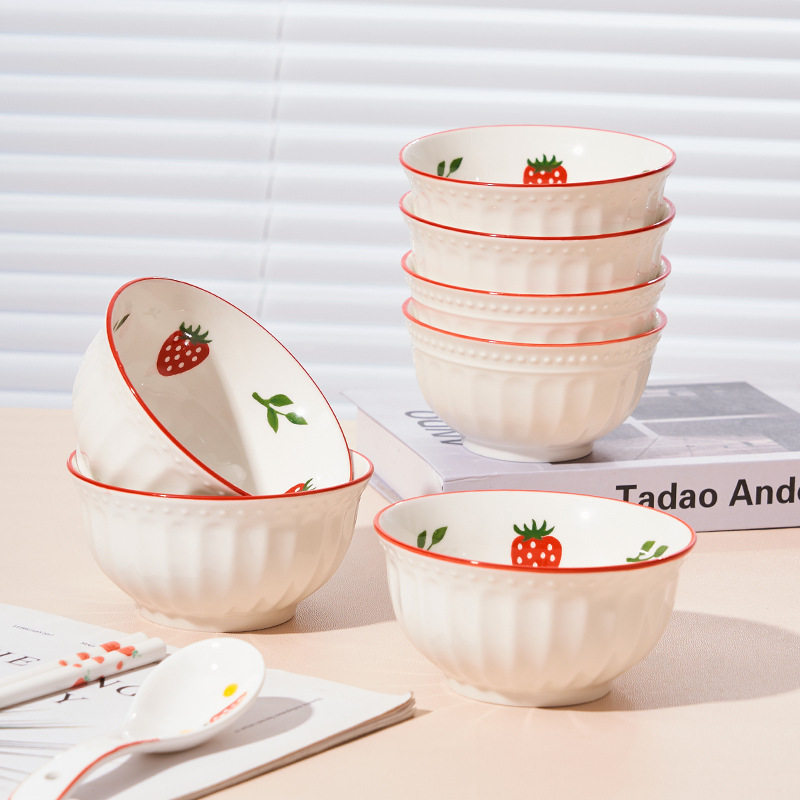 Cute cartoon ceramic strawberry bowl plate suit household soup bowl dish dish tableware combination gift wholesale