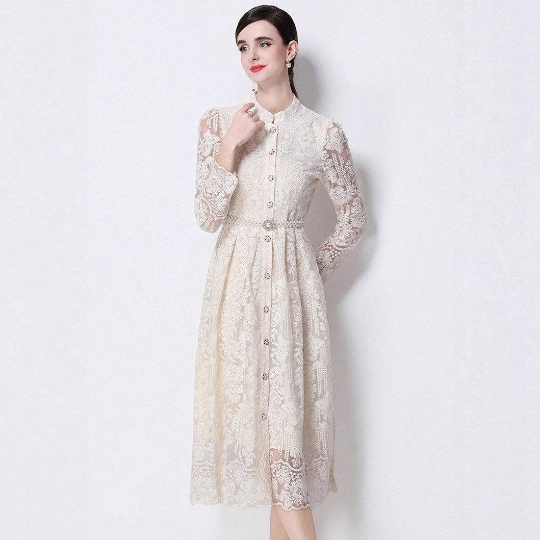 Elegant French High End Womens Dress Heavy Embroidery Single Breasted Waist Tie Long Tulle Skirt Autumn Collection