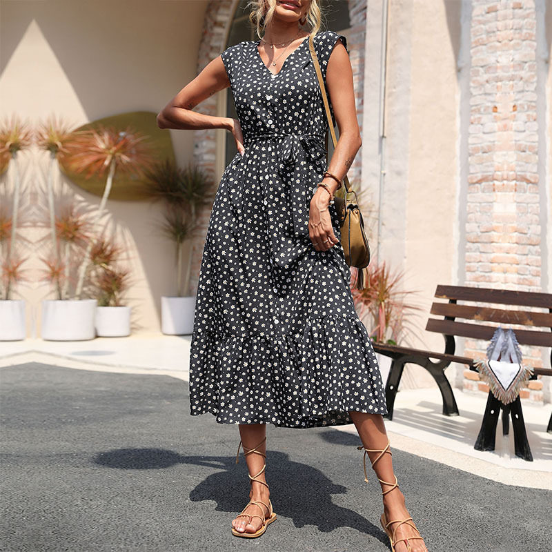 Summer Floral Print Black Sleeveless Dress Elegant Design Comfortable Fabric Versatile Style Wholesale Available