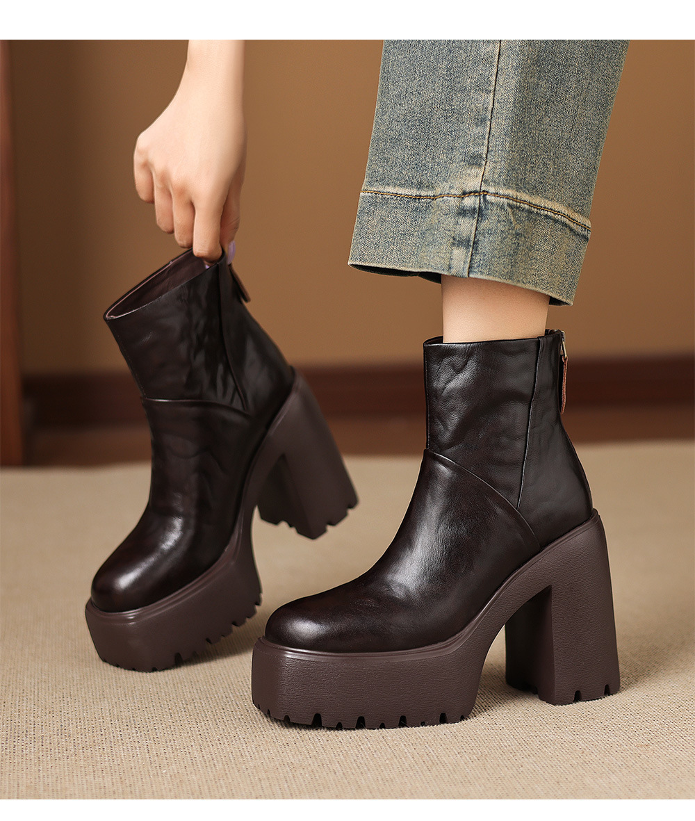 Boot Martin nữ gót thô 12cm đế platform tăng chiều cao, da bò thật — Lớp lót đơn màu đen, Lớp lót đơn màu nâu, Lót nhung đen, Lót nhung màu nâu