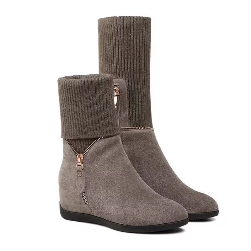 Boot nữ cổ trung gót nêm mũi tròn giữ ấm dáng thanh lịch — màu đen, màu xám