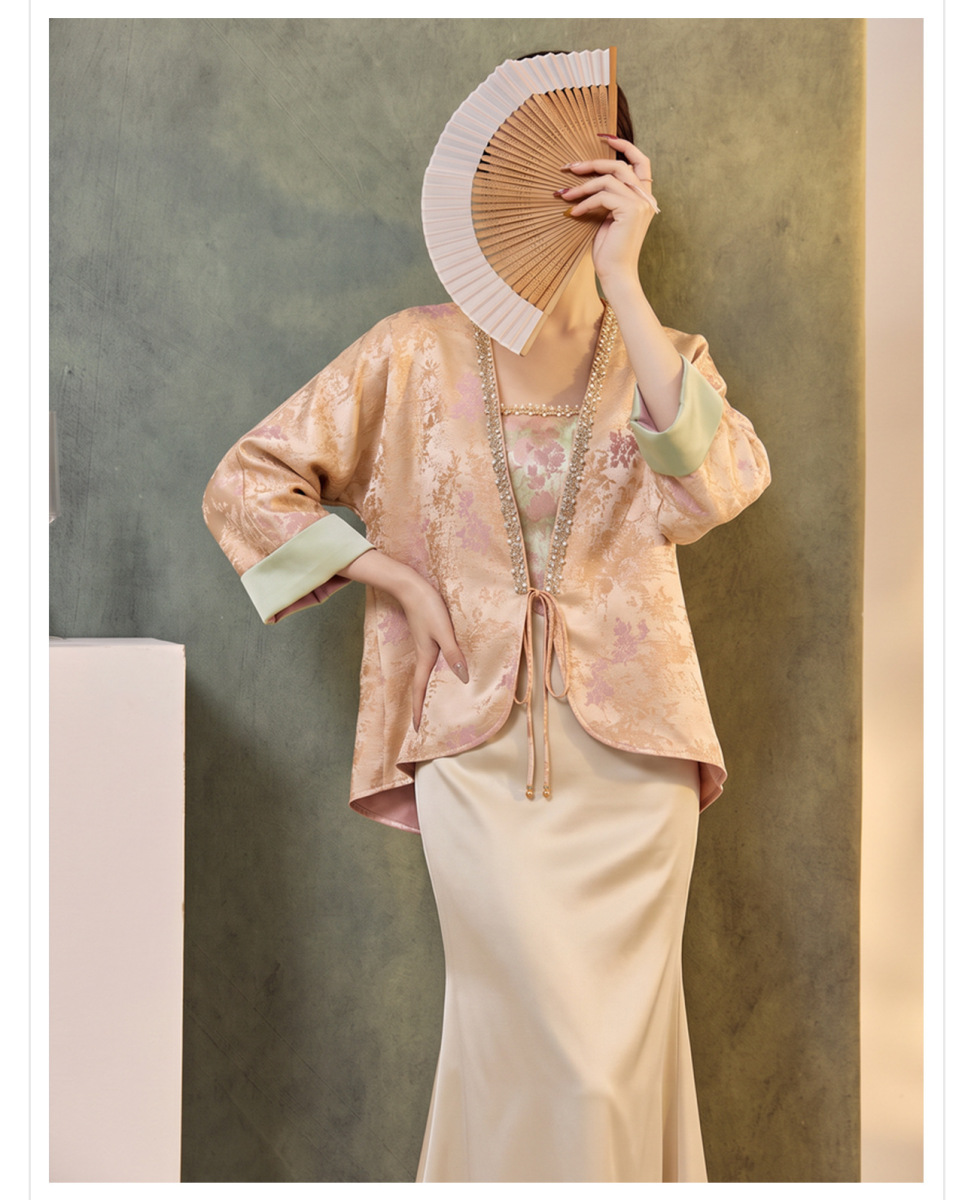 Bộ đầm nữ hai mảnh áo khoác cardigan dài tay buộc dây kèm váy hai dây dáng đuôi cá — Áo khoác (giao hàng trong 7 ngày), Váy hai dây (giao hàng trong 7 ngày), Bộ sản phẩm (giao hàng trong 7 ngày)