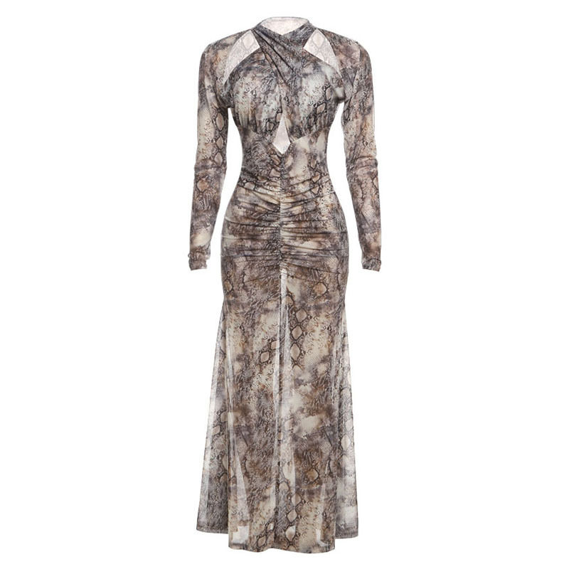 Fashionable Womens Hollow Out Halter Neck Snake Print Sexy Dress Autumn Collection Wholesale Available