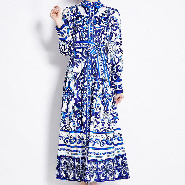 Elegant Long Floral Dress for Women Spring Collection Slim Fit Stand Collar Button Closure Perfect for Formal