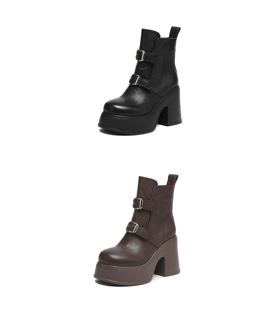 Boot nữ cổ thấp da bò thật khóa kéo bên hông, đế dày tăng chiều cao — Lớp lót đơn màu đen, Lớp lót đơn màu nâu, nhung đen, Nhung nâu