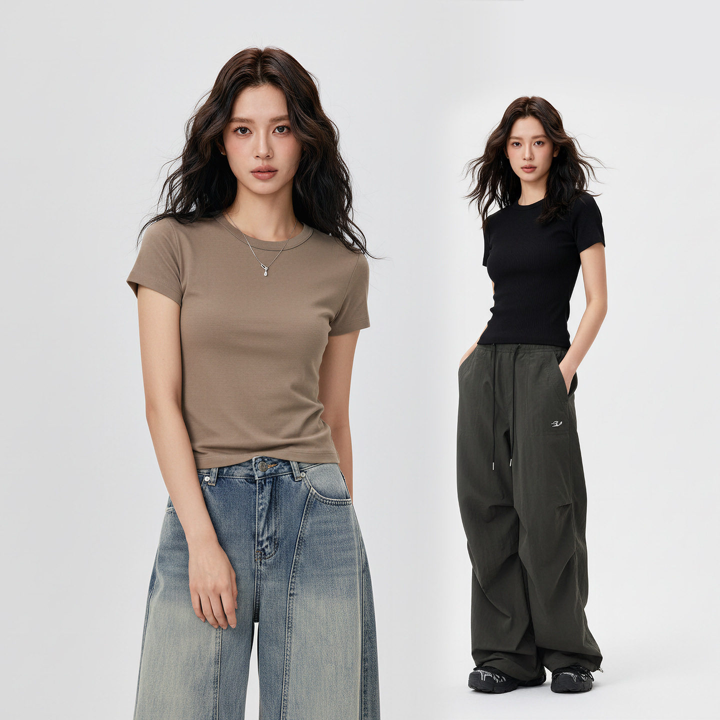 夏季正肩修身显瘦纯色短袖女圆领短款T恤辣妹紧身上衣服内搭打底