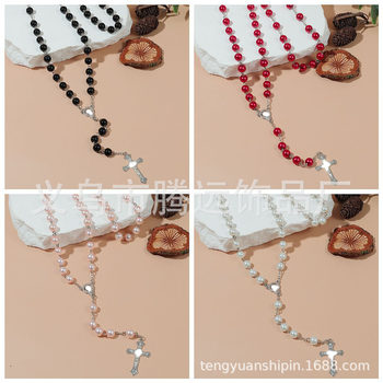 Cross-border hot sale glass beaded necklace Black Pink Pearl religious Virgin cross pendant necklace sweater chain