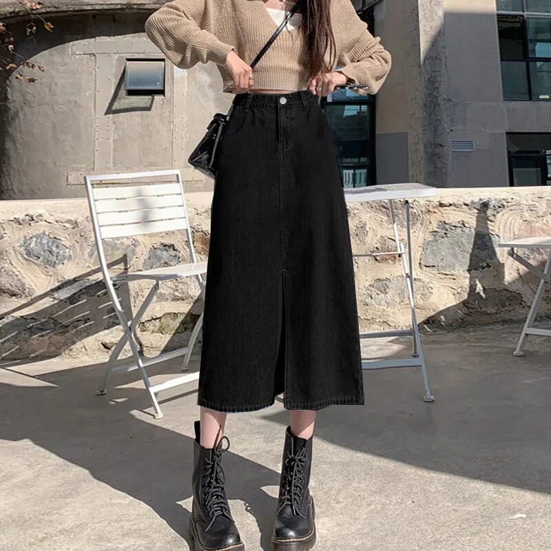 A Line High Waisted Denim Midi Skirt Black Split Design Loose Fit Flattering for Curvy Figures Perfect for Spring