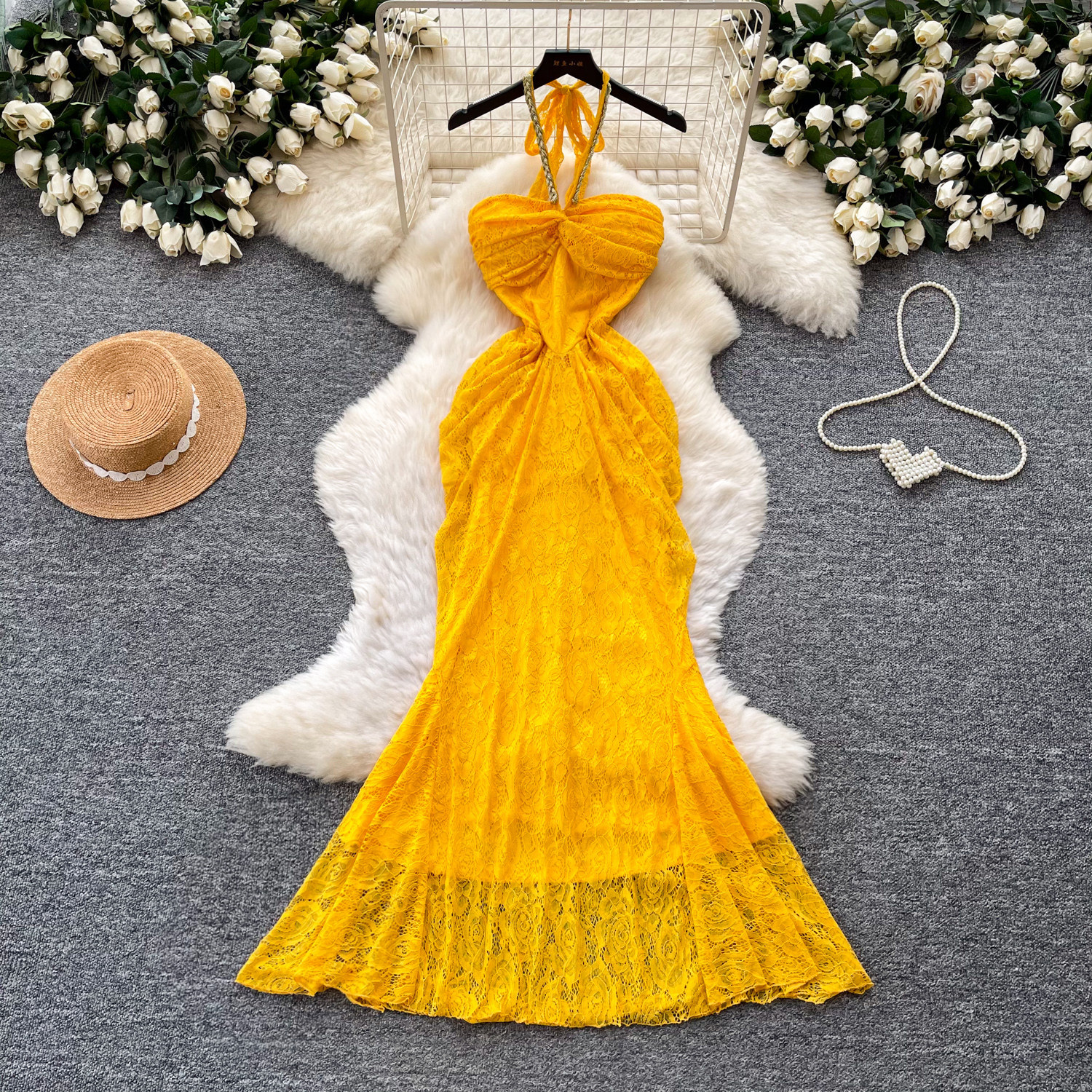 French Lace Halter Neck Dress Slim Fit Waist Defining Elegant Design Summer Vacation Wear Wholesale Available