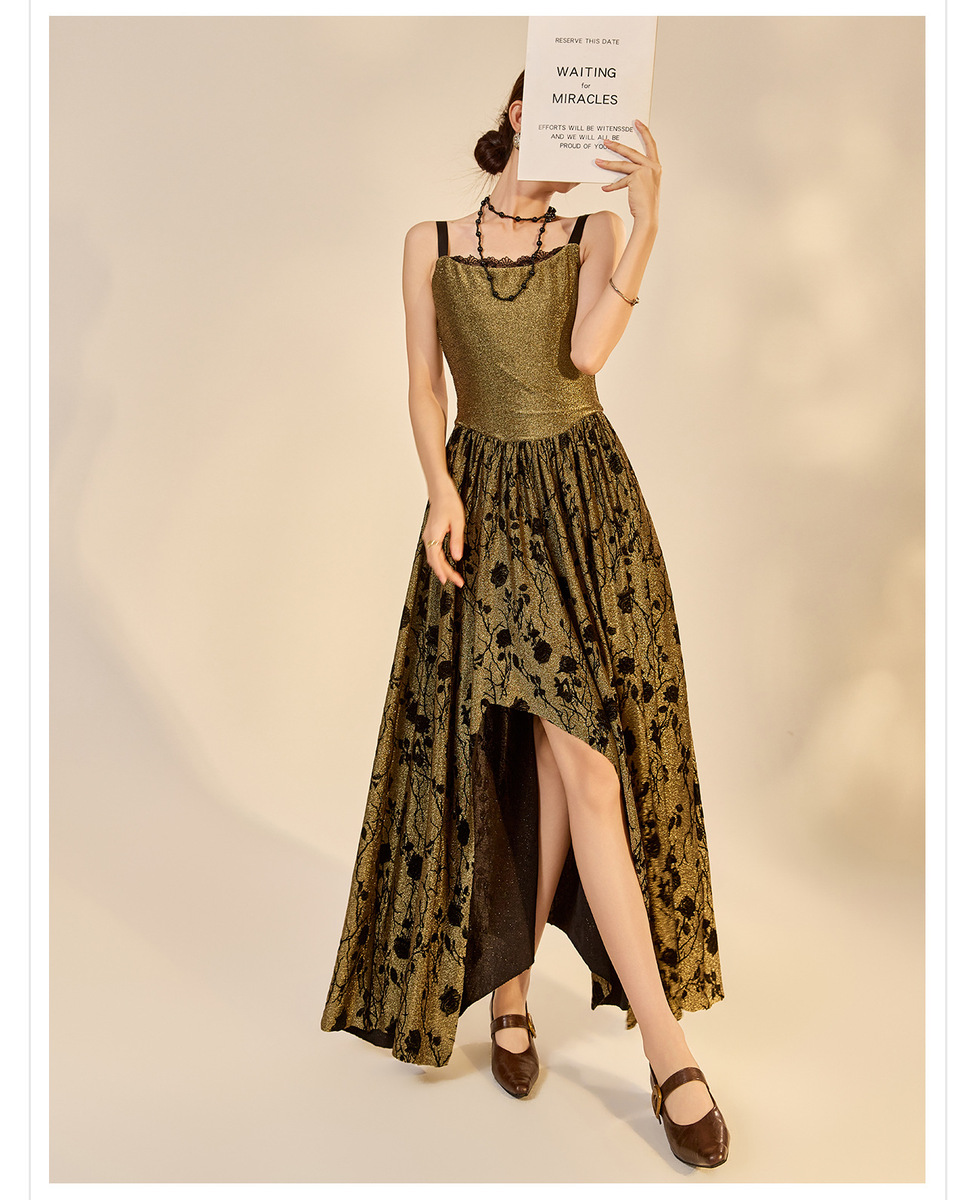 Đầm liền dáng chữ A cổ tròn không tay họa tiết hoa dập nổi — Mạ vàng (giao hàng trong 7 ngày)