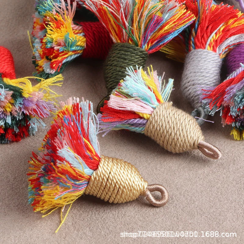 Keychain Tassel Head Xizang-Style Tassel Semi-Finished Hand-Rolled Cotton Thread Short Threaded Pendant Accessories Decorative Handle Rope