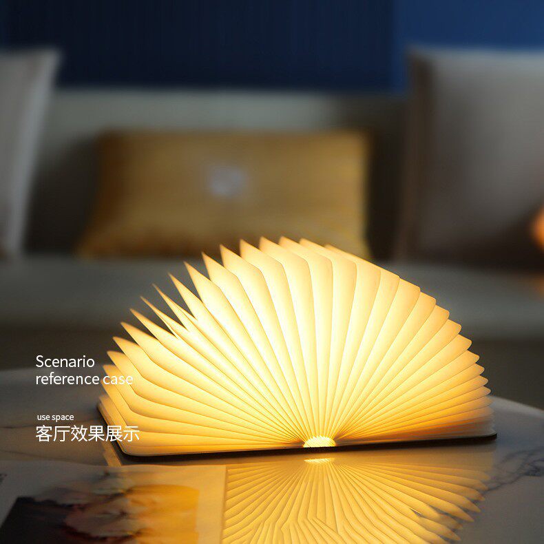 Creative Folding Book Lamp, Direct from the Manufacturer, USB Powered, Stepless Dimming, Eye-Protecting Night Light, Walnut Base, for Bedroom