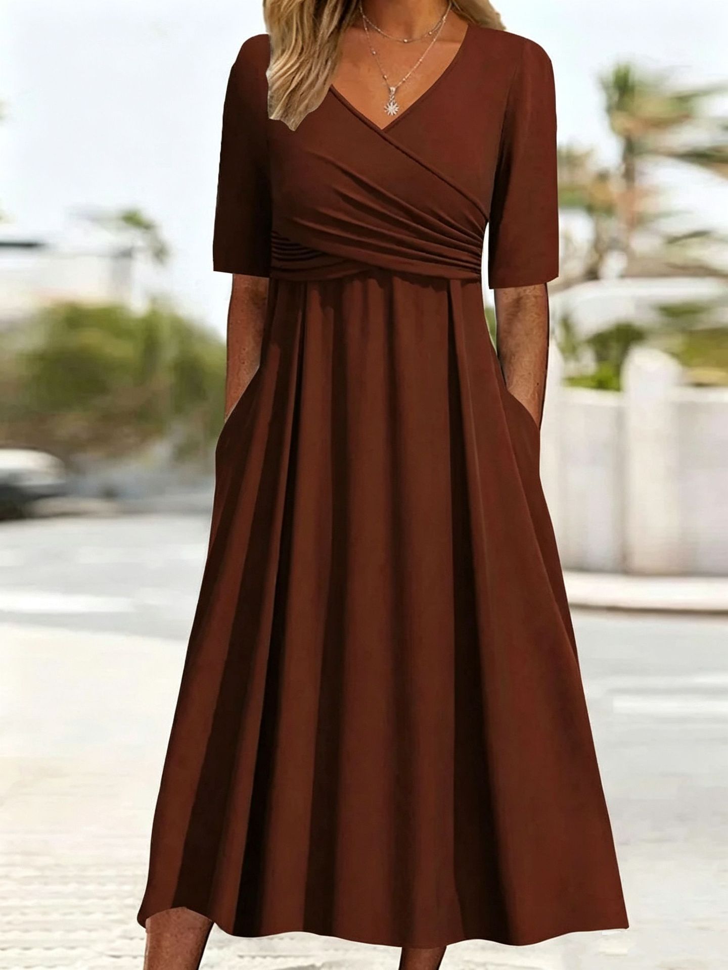 Elegant Womens Solid Color Maxi Dress V Neck Mid Sleeve Summer Style Available for Wholesale