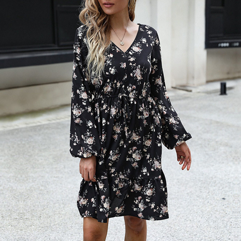 Fashion Womens Black Floral Print Long Sleeve V Neck Dress Stylish Elegant Versatile Perfect for Parties or Casual