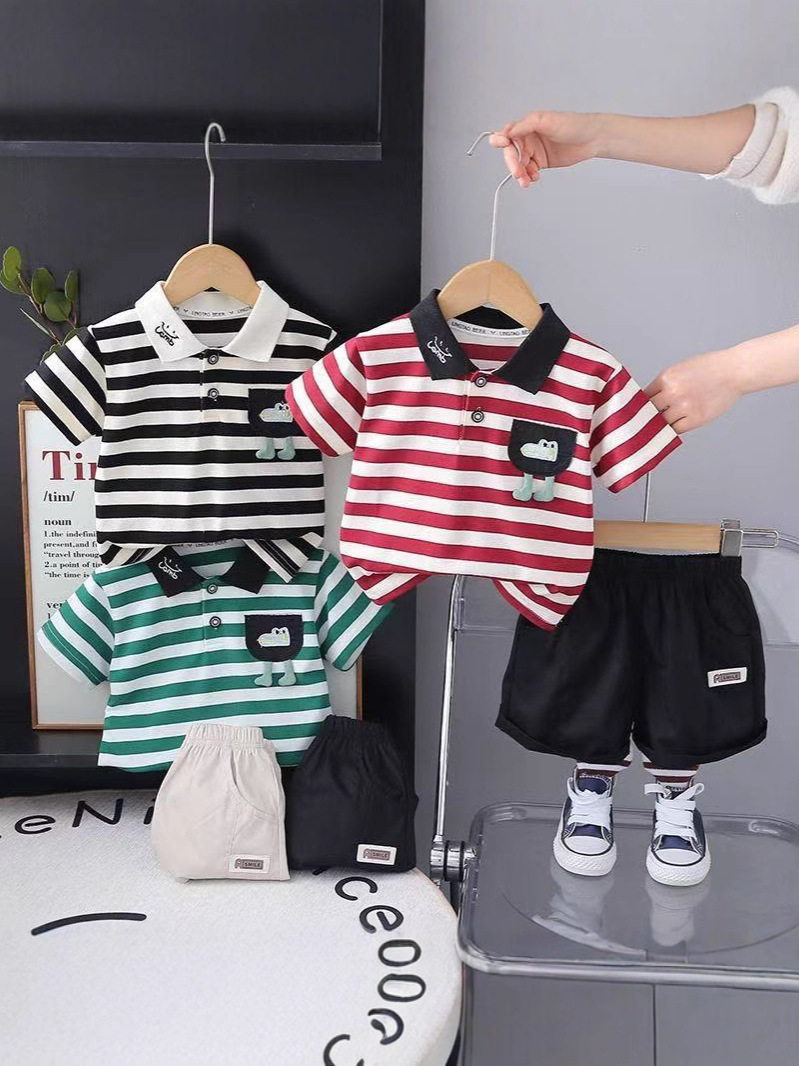 Trendy children's clothing summer new baby boy striped lapel three-dimensional cartoon POLO shirt short-sleeved T-shirt casual two-piece set