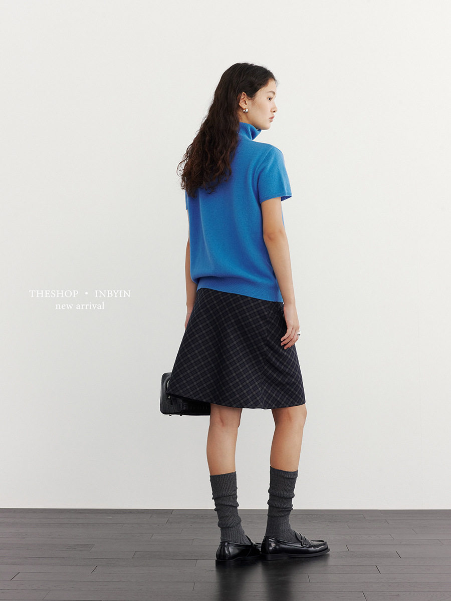 Yienou Inbyin 100% Pure Wool Knitwear Pullover Turtleneck Top for Women Autum Simple Short-Sleeved Knitwear for Women