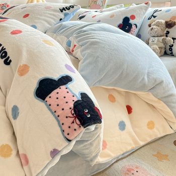 Milk Coral Velvet Quilt Cover Single Piece Winter Fleece-Lined Bed Four-Piece Set Thickeneded Quilt Cover Flannel Single Three-Piece Set