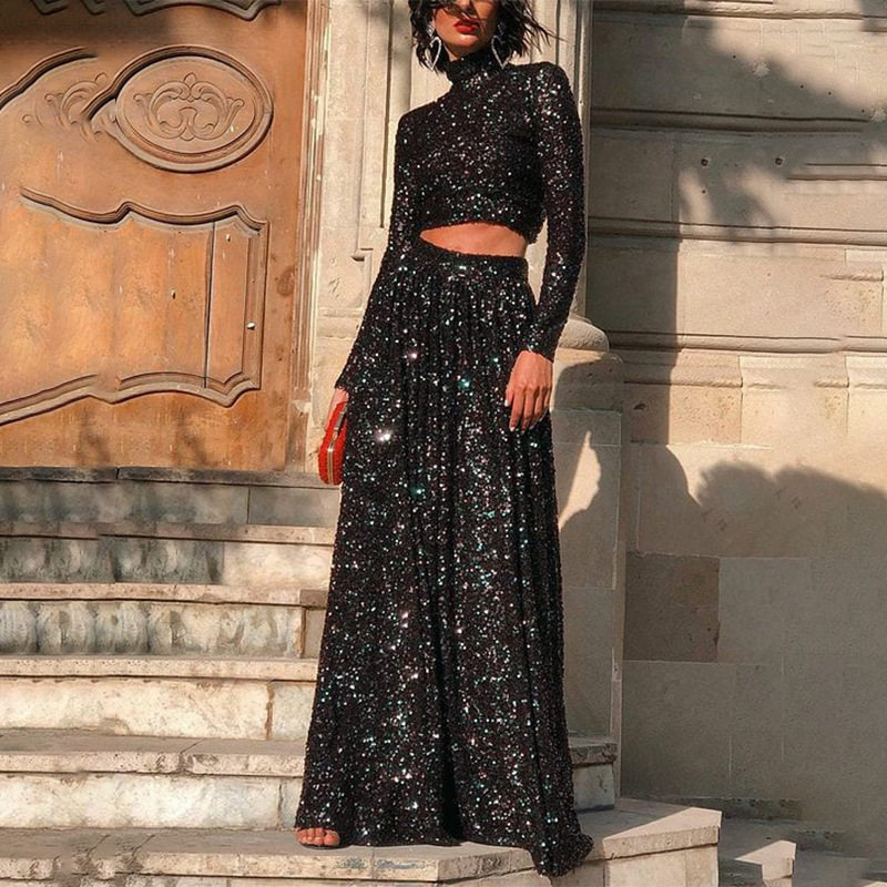 Elegant Long Sequin Dress High Neck Long Sleeve Floor Length Perfect for Spring Summer Parties Wholesale Available
