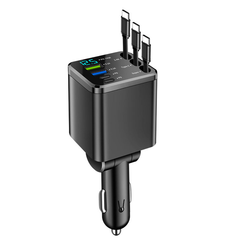 Digital Display Car Charger Retractable Cable Car Charger Pd Car Fast Charger Super Fast Charging Five-In-One Cigarette Lighter Cross-Border