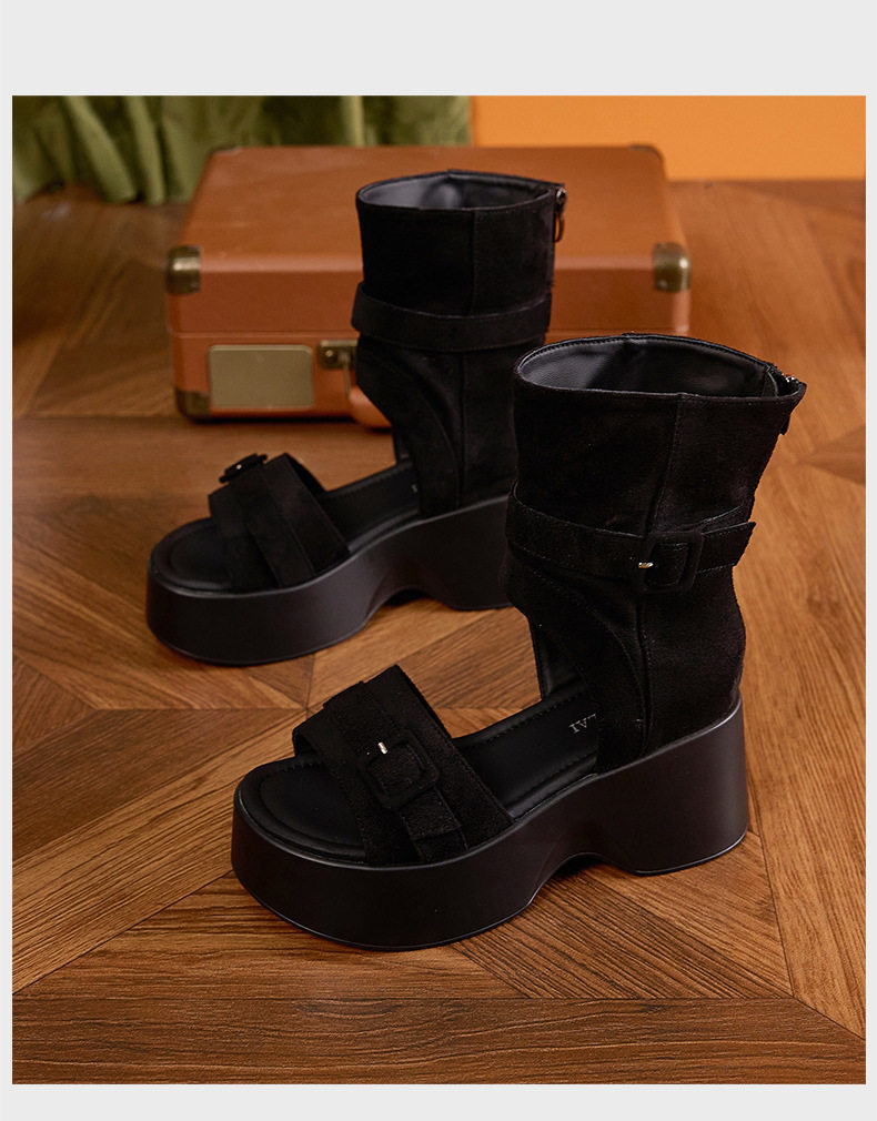 Dép sandal nữ quai chữ V đế xuồng cao 8 cm, mũi tròn, phong cách hè 2026 — Đen, Xanh dương chi tiết 17