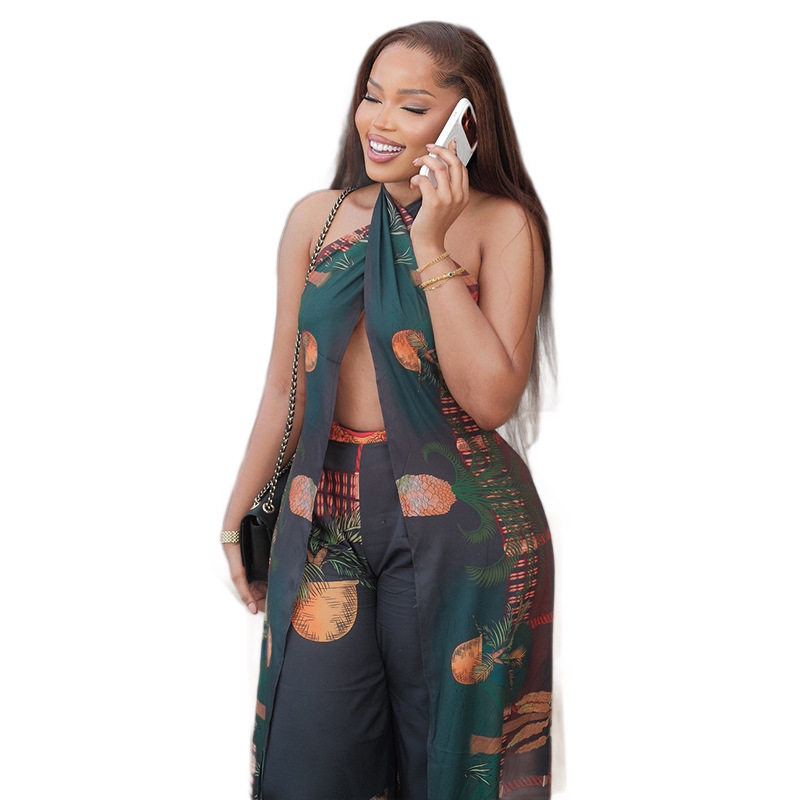 Summer Womens Two Piece Set Sexy Halter Neck Crop Top Printed Design Casual Trousers Vacation Style Wholesale