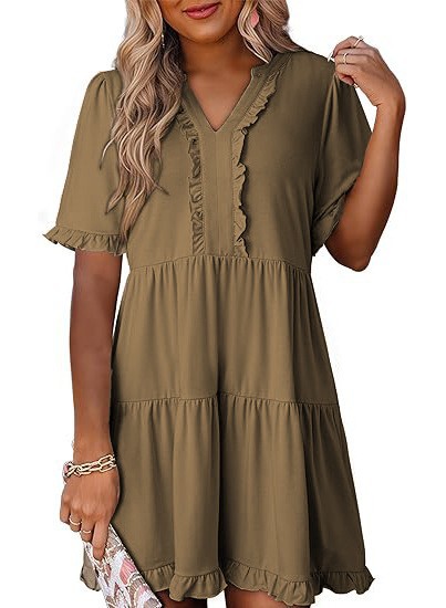 Loose Fit V Neck Short Sleeve Dress Solid Color Ruffle Hem Spring Summer Style Wholesale Available