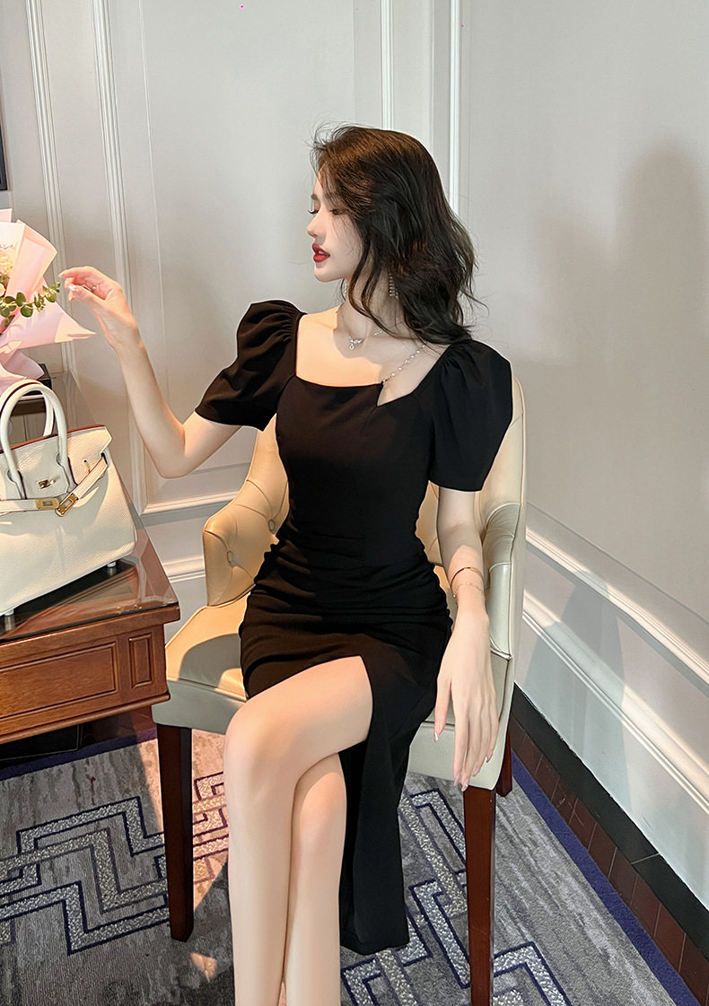 Đầm ôm body nữ cổ vuông tay bồng, dáng midi cao eo — [Đen], [Tím] chi tiết 17