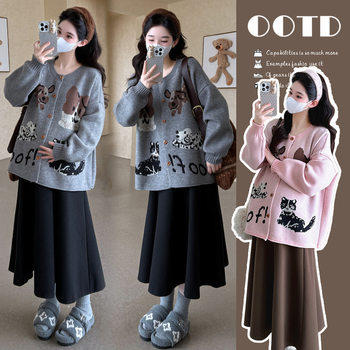 Real Shot of Ready-Made 2025 Autumn and Winter Cartoon Cat Fashion Loose Cardigan Jacket + Skirt Knitted Jacket