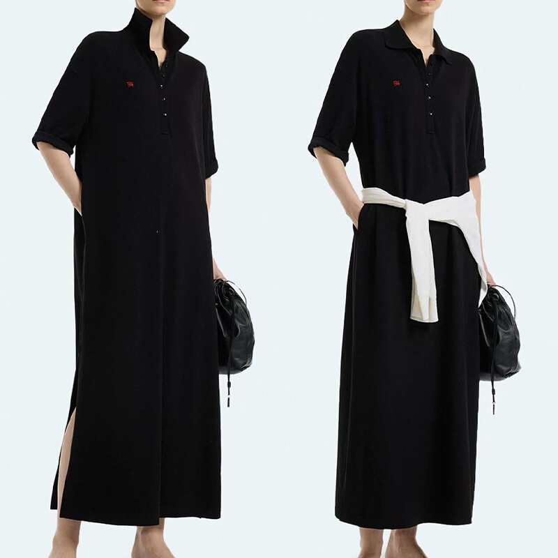 Đầm polo nữ dáng suông dài tay ngắn cổ polo phong cách tối giản — màu đen, Màu nâu, Màu trắng