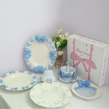Little Princess Bow Tableware Set Ceramic Plate Household Rice Bowl Dessert Fruit Plate Breakfast Plate Ins Cute