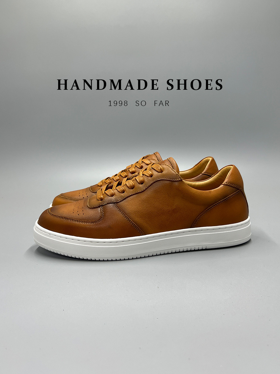Giày sneaker nam da bò lớp đầu tiên đế bằng đệm khí cổ điển dễ phối — Màu nâu, Màu đen, Màu trắng