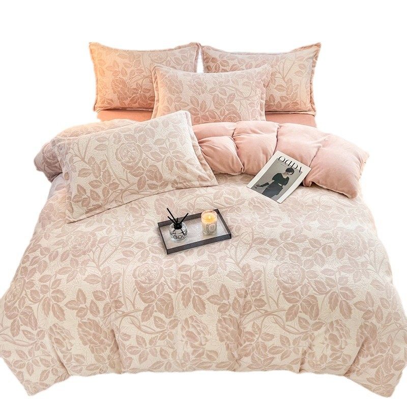 Class A Milk Velvet Bed Four-piece Set Winter Carved Velvet Coral Velvet fleece-lined Warm Thick Quilt Cover Bed Sheet Three-piece Set