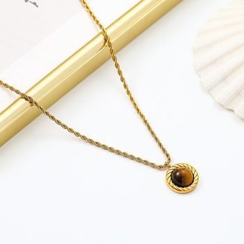 Real Natural Tiger Eye Stone Retro Twist Titanium Steel Necklace Earrings for Women Commuting and Traveling Simple Temperament Jewelry Wholesale