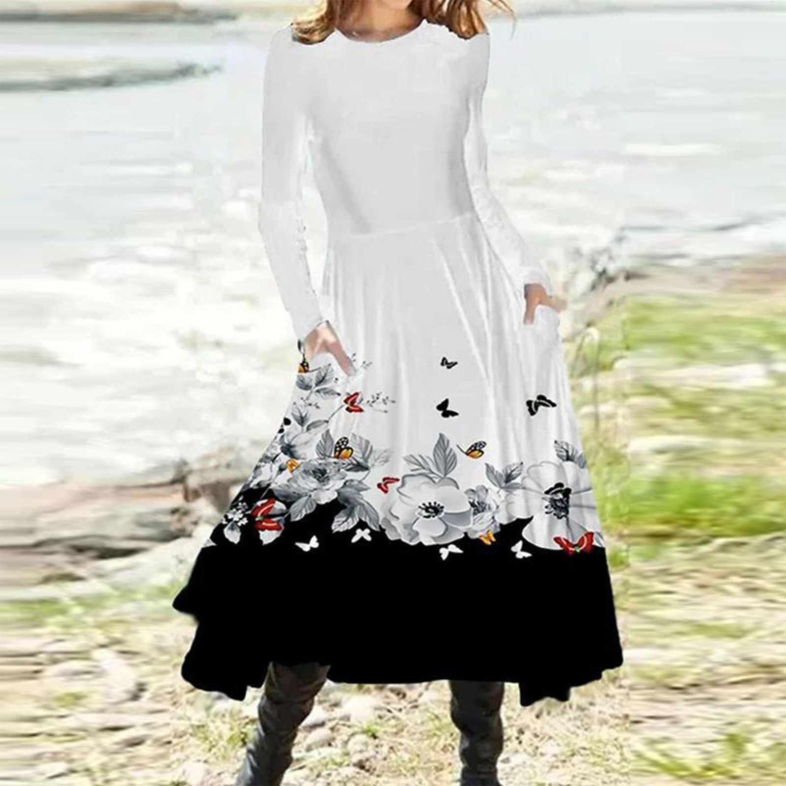 Long Sleeve Gradient Print Maxi Dress with Pockets for Fall Winter Wholesale in Various Sizes and Colors