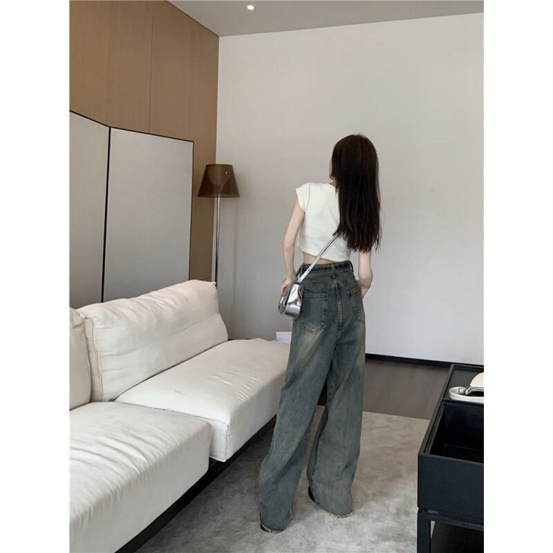 High Waisted Wide Leg Denim Pants for Women Vintage Style Frayed Hem Loose Fit Summer Fashion Wholesale Available