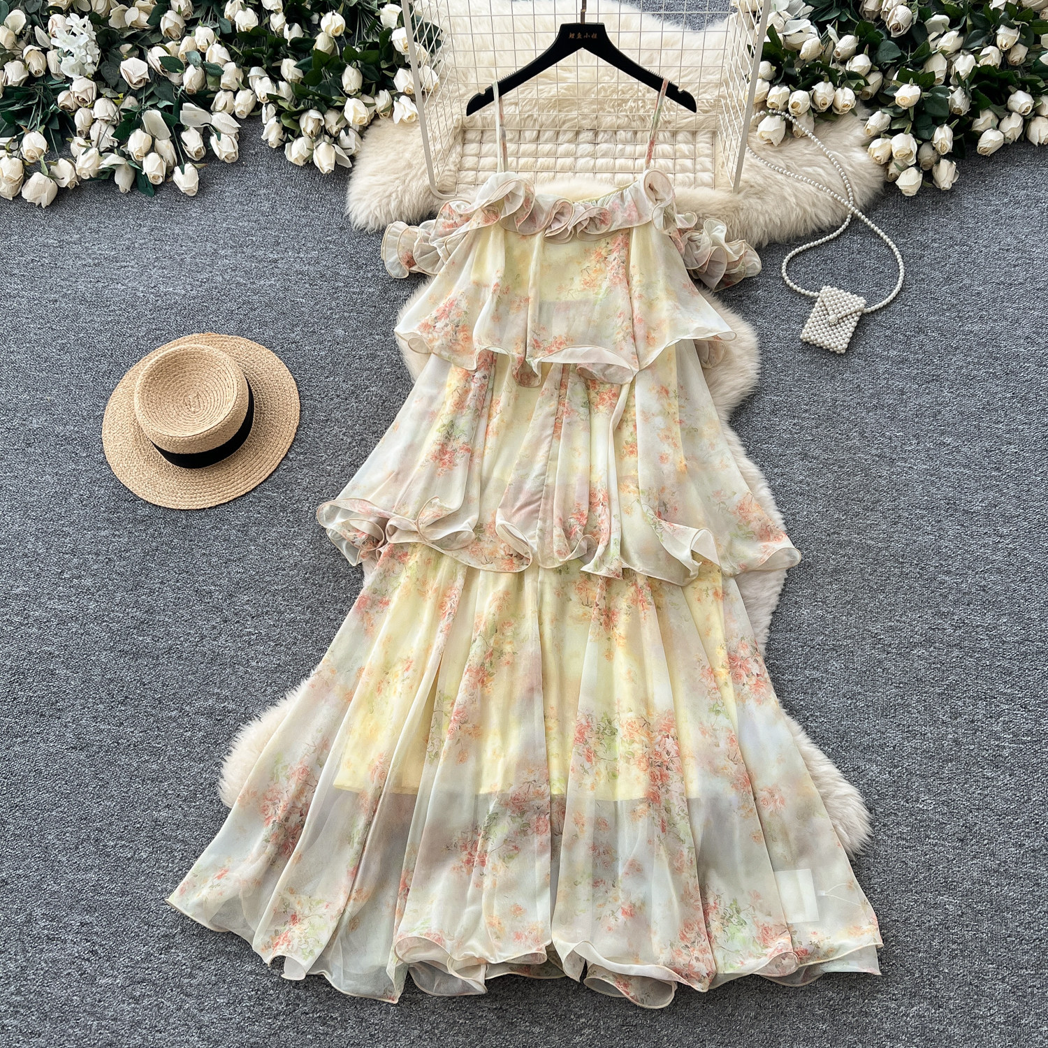 French Vacation Style Floral Maxi Dress for Women Ruffle Hem Elegant Design Summer Fashion Wholesale Available