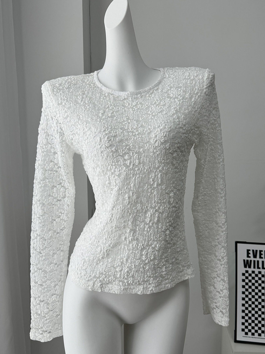 Lace Hollow Out Top Pearl Button Split Design Fitted Bell Sleeve Elegant Casual Wear for Women Wholesale Available
