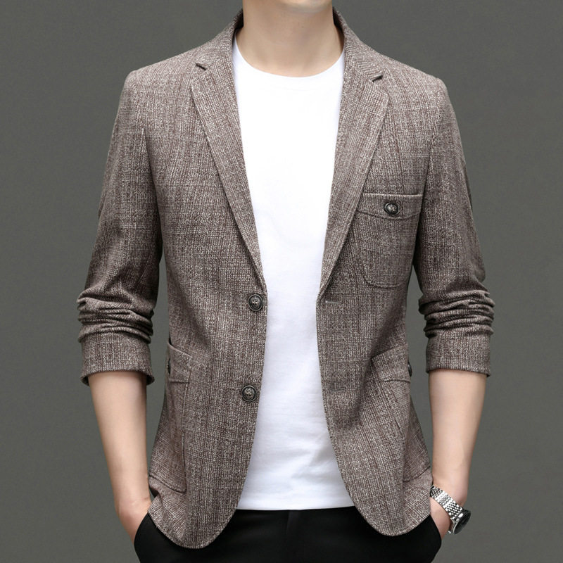 Áo Khoác Blazer Nam Kẻ Lông Cừu Thu Đông Dáng Ôm Màu Nâu, Xám