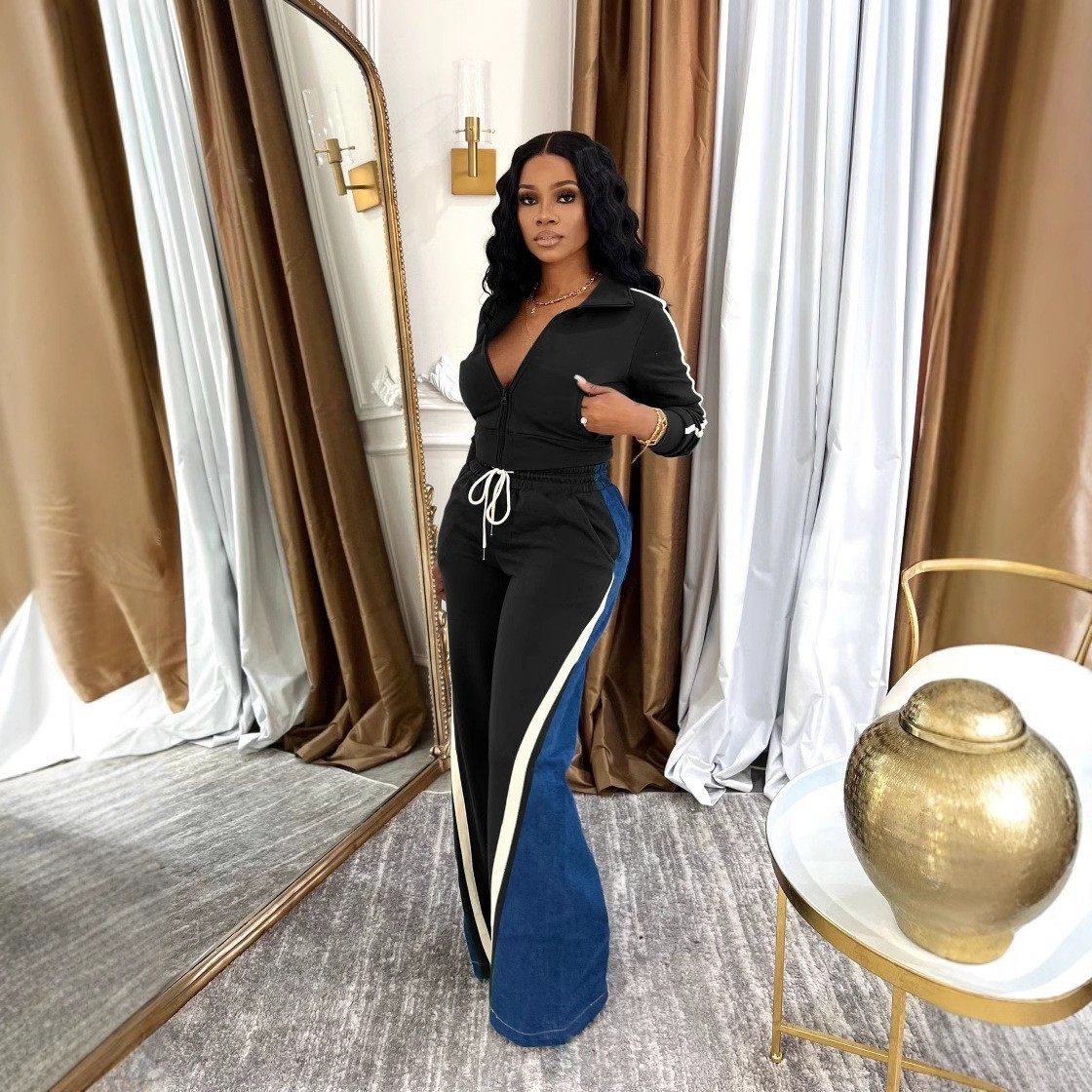 4725 cross-border European and American women's clothing German velvet Denim thread stitching sports pants suit two-piece set of 4 pockets