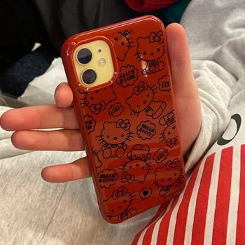 Red KT Cat Wave Dot Apple 15/14/13promax Phone Case 12/11 Soft xr/xs Straight Edge 7/8plus