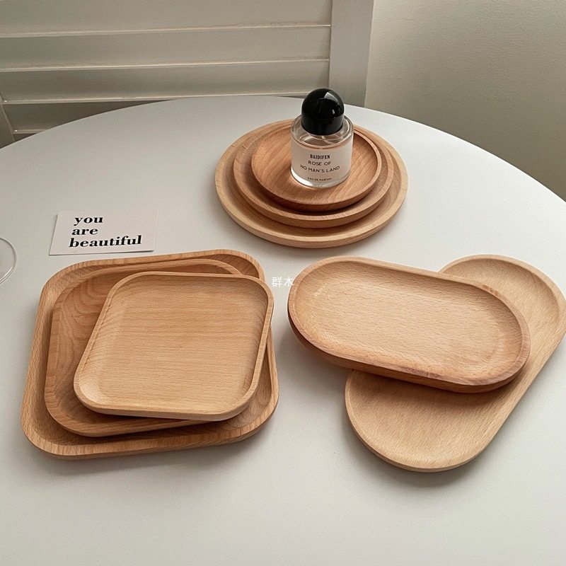 Ins-Style Wooden Tray Round Wooden Tray Japanese Oval Beech Small Wooden Plate Milk Snack Plate Display Plate