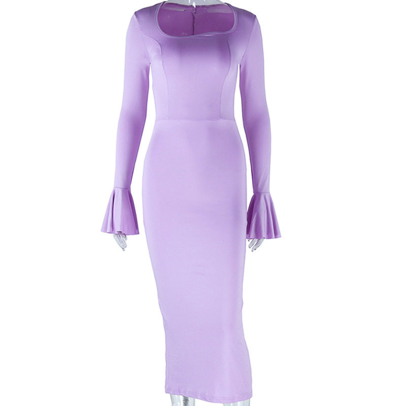 Fashionable Long Sleeve A Line Dress Round Neck Solid Color Midi Length Side Slit Irregular Hem Casual Wear OEM
