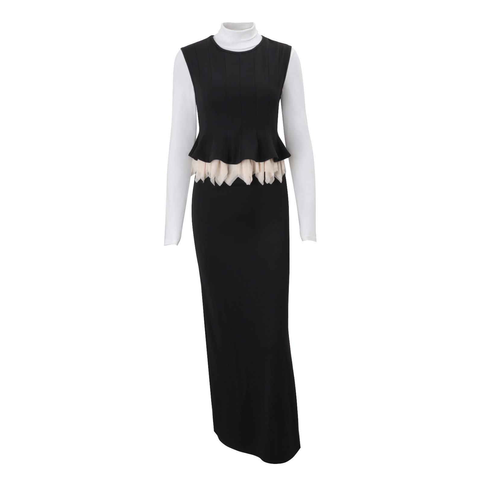 Sleeveless Ruffled Peplum Top and Long Skirt Set Elegant Design Waist Defining Fit Vintage Style Perfect for Parties