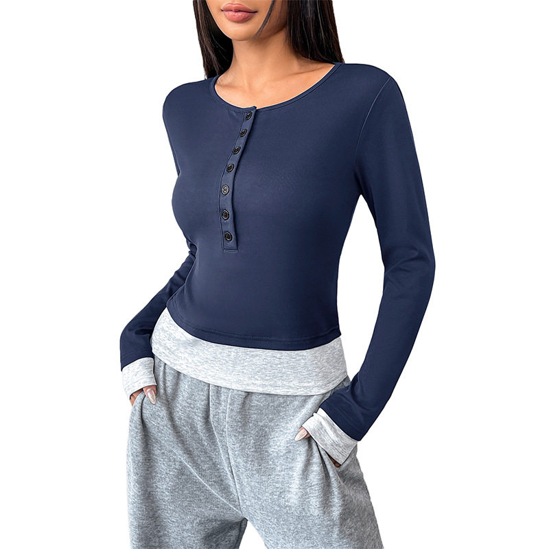 Casual Color Block Long Sleeve Top for Women Slim Fit Round Neck Comfortable Fabric Perfect for Everyday Wear OEM