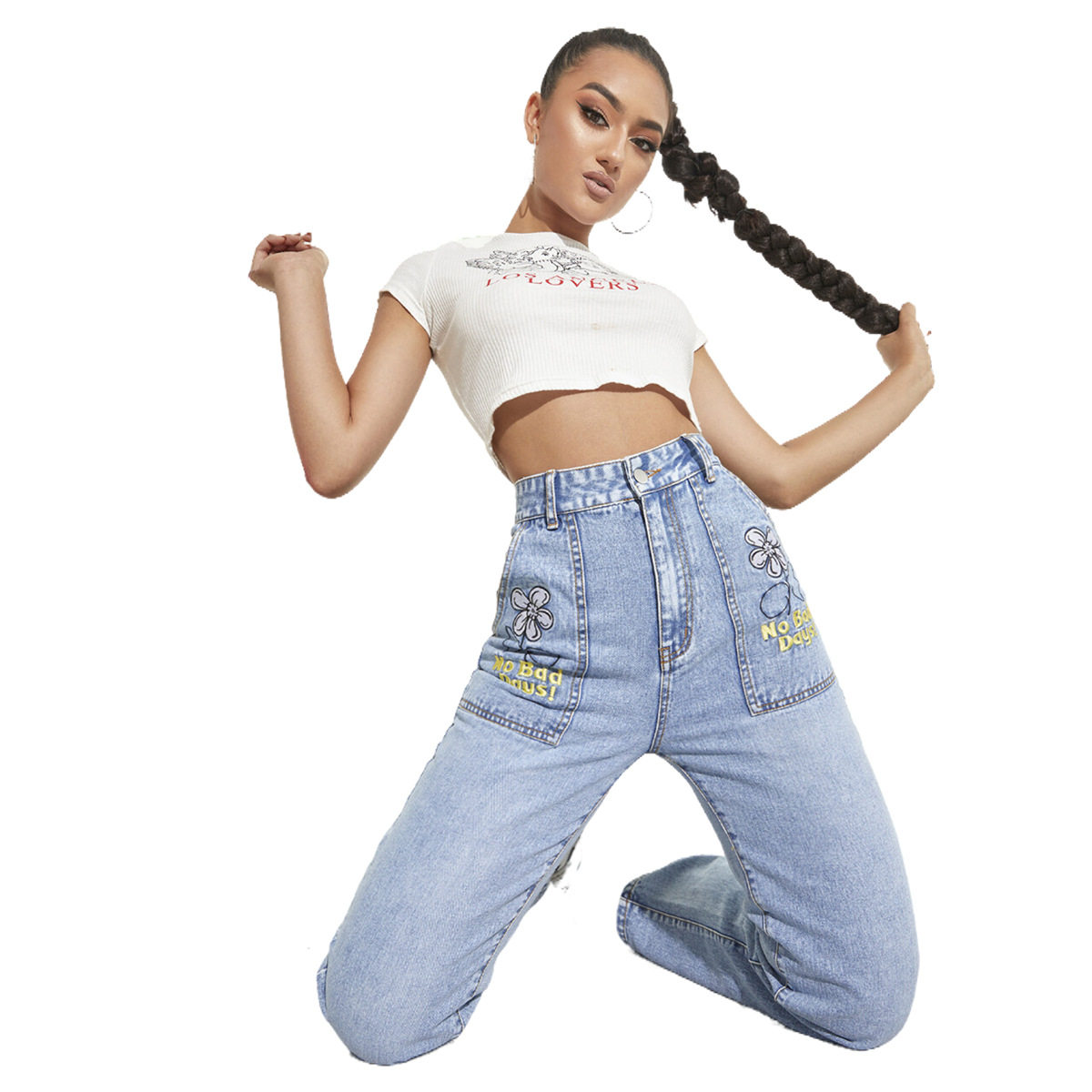 High Waisted Wide Leg Stretch Denim Pants Slim Fit Color Block Design Spring Fall Fashion Wholesale Available