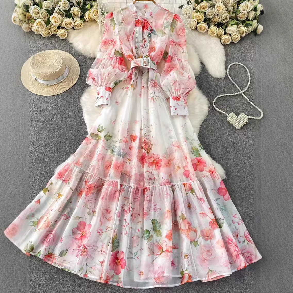 Elegant Floral Print Long Dress for Women Lightweight Lantern Sleeve Waist Defined Ruffle Hem Perfect for Spring